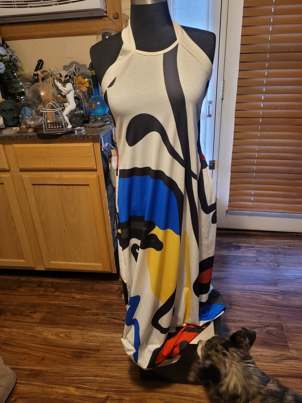 Abstract Print Halter Maxi Dress in White with Multicolor Accents